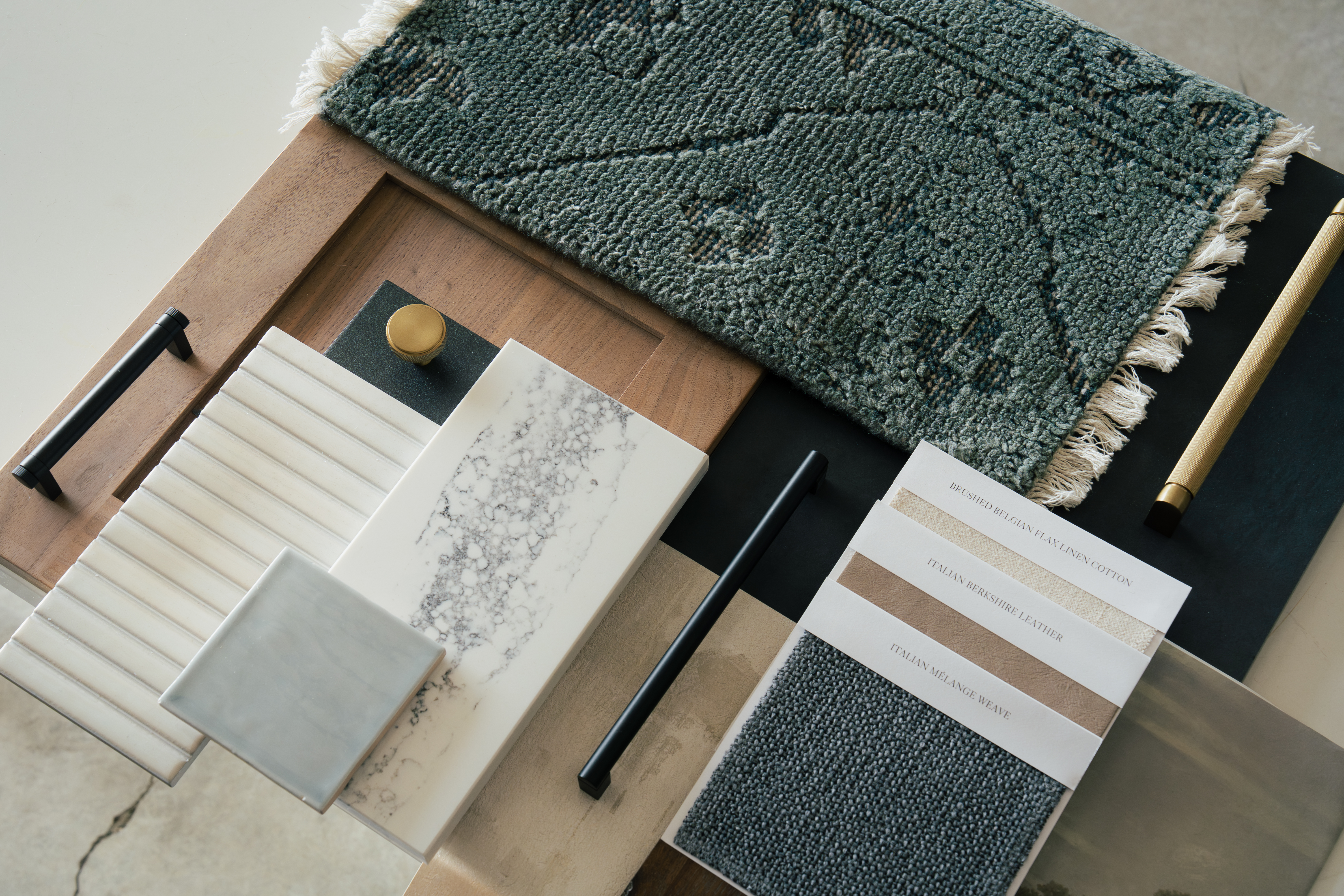 Design selections — materials, finishes, and textures laid out